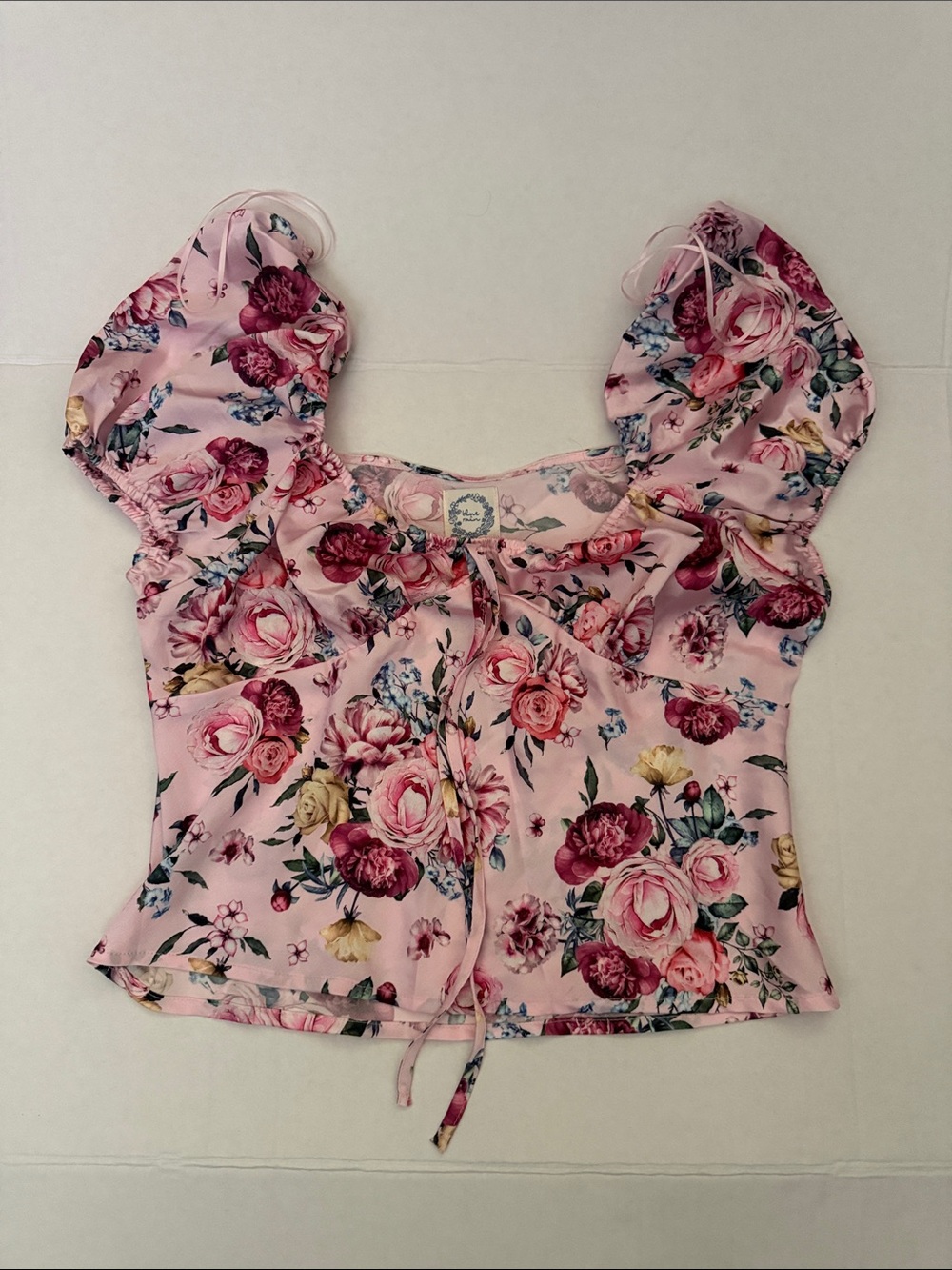 Blue Rain Pink Floral Puff-Sleeve Crop Top